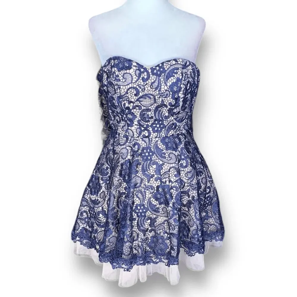 camille homecoming dresses La Vie | | Camille La Vie Hoco Dress Navy Lace Strapless Fit Flare Romantic NPU-JANICA-202204